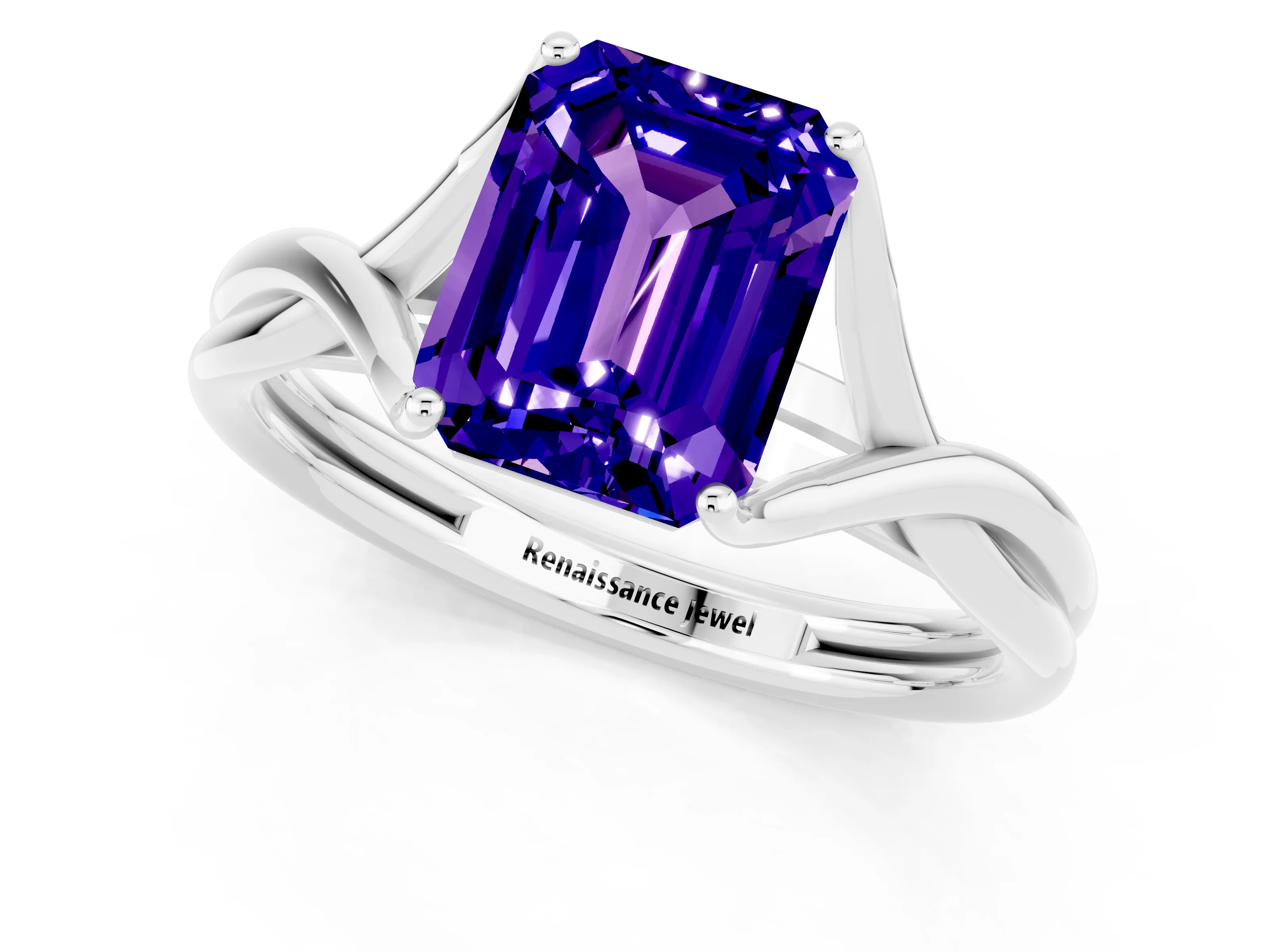 White gold Emerald Cut Tanzanite Solitaire Twist Band Prong Setting Ring_37