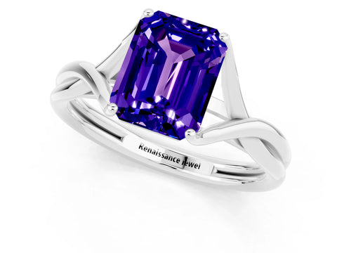 White gold Emerald Cut Tanzanite Solitaire Twist Band Prong Setting Ring_37