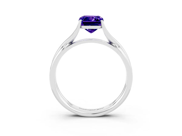 Platinum Emerald Cut Tanzanite Solitaire Twist Band Prong Setting Ring