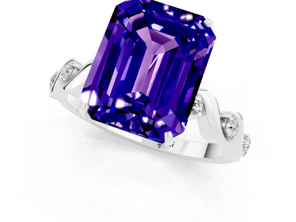 Platinum Emerald Cut Tanzanite Solitaire Twisted Band with Round  Accents and Prong Setting