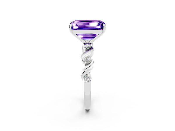 Platinum Emerald Cut Tanzanite Solitaire Twisted Band with Round  Accents and Prong Setting