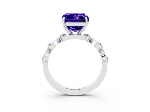White gold Emerald Cut Tanzanite Solitaire Twisted Band with Round  Accents and Prong Setting_15