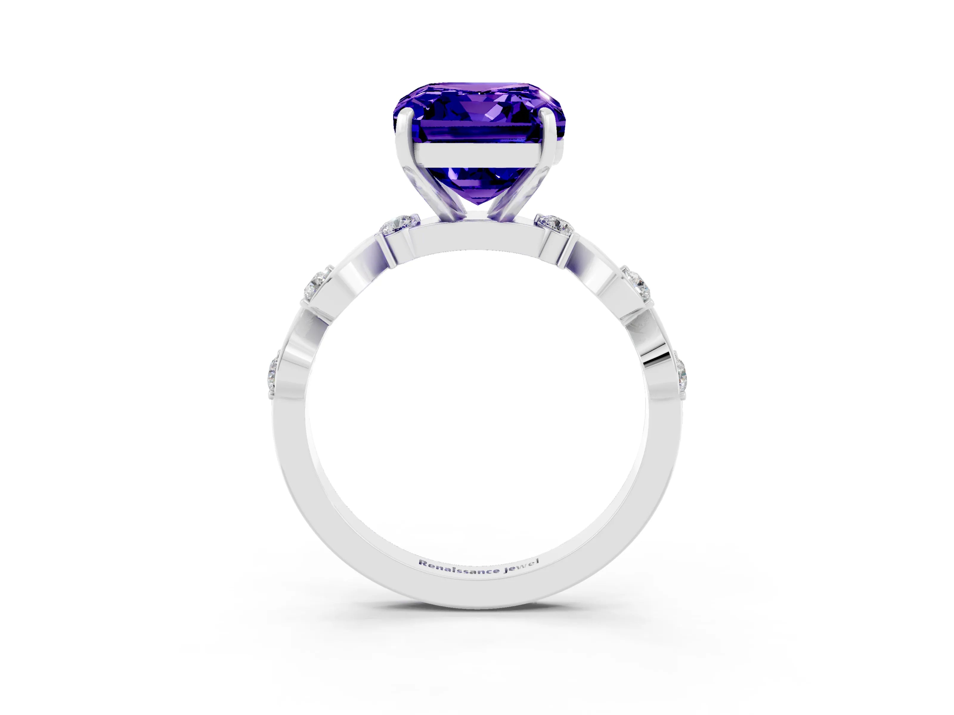 White gold Emerald Cut Tanzanite Solitaire Twisted Band with Round  Accents and Prong Setting_15