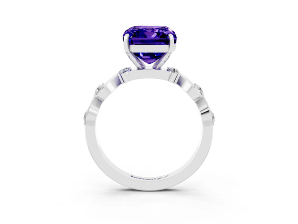 White gold Emerald Cut Tanzanite Solitaire Twisted Band with Round  Accents and Prong Setting