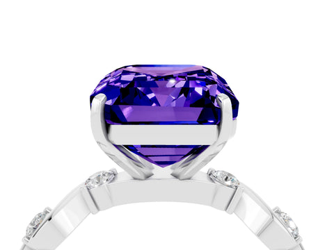White gold Emerald Cut Tanzanite Solitaire Twisted Band with Round  Accents and Prong Setting_16