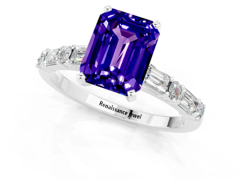White gold Emerald Cut Tanzanite Solitaire with Side Baguettes and Channel Set Band_1