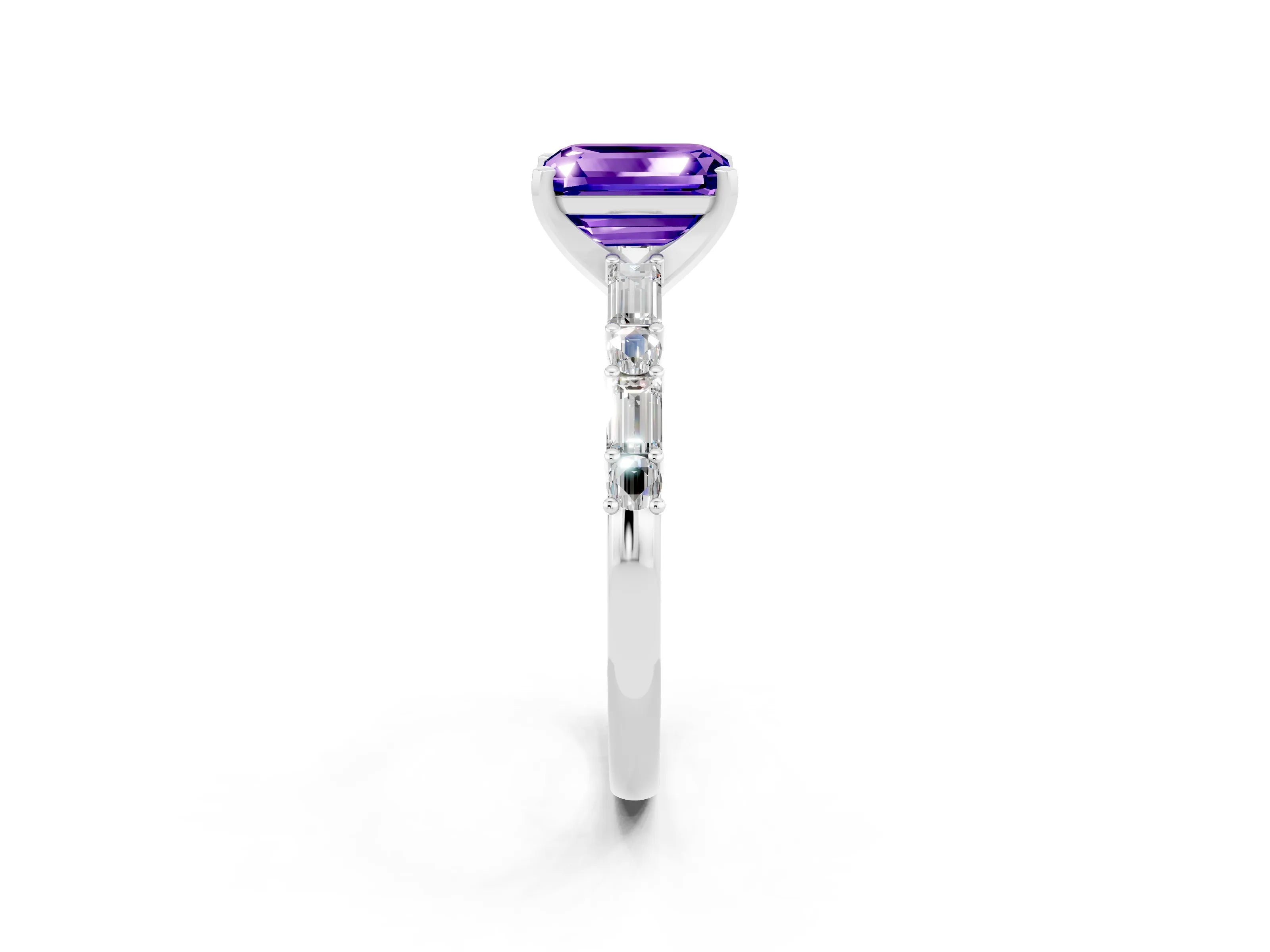 White gold Emerald Cut Tanzanite Solitaire with Side Baguettes and Channel Set Band_2