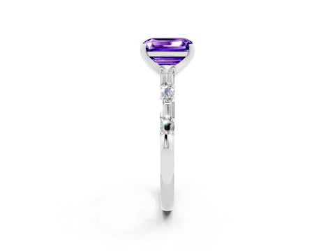 White gold Emerald Cut Tanzanite Solitaire with Side Baguettes and Channel Set Band_2