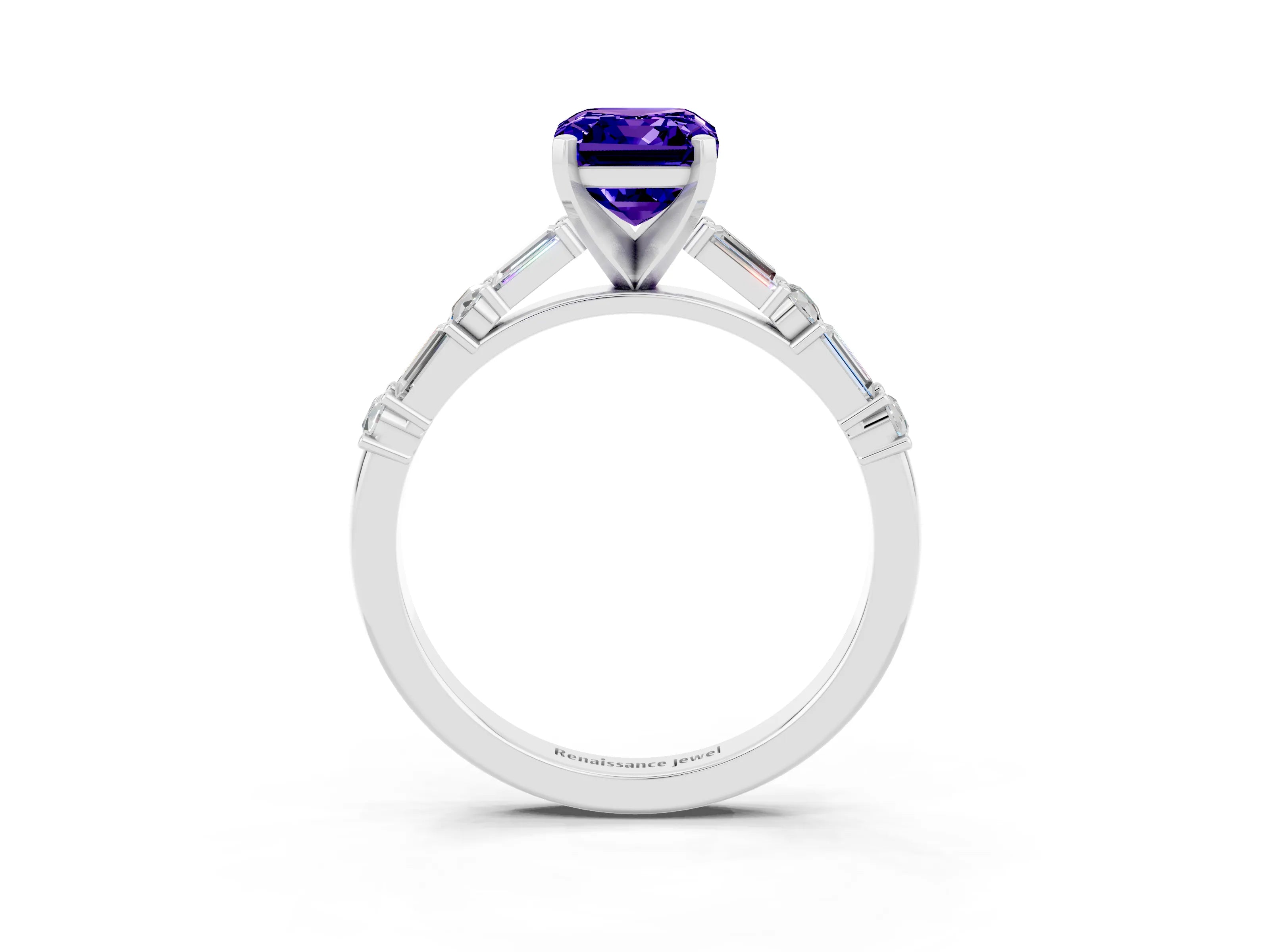 White gold Emerald Cut Tanzanite Solitaire with Side Baguettes and Channel Set Band_3