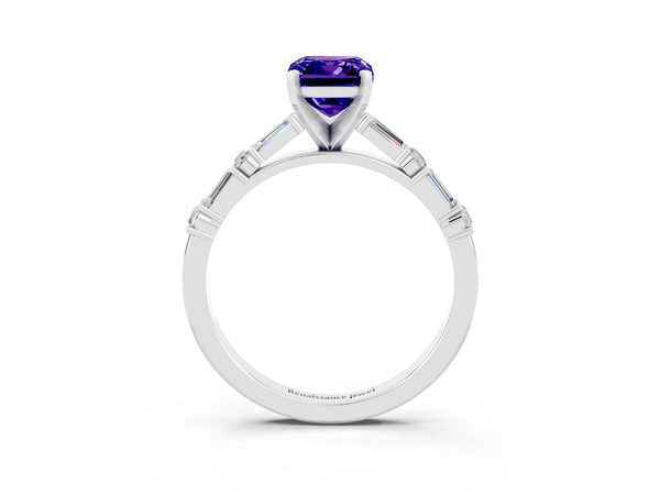 Platinum Emerald Cut Tanzanite Solitaire with Side Baguettes and Channel Set Band