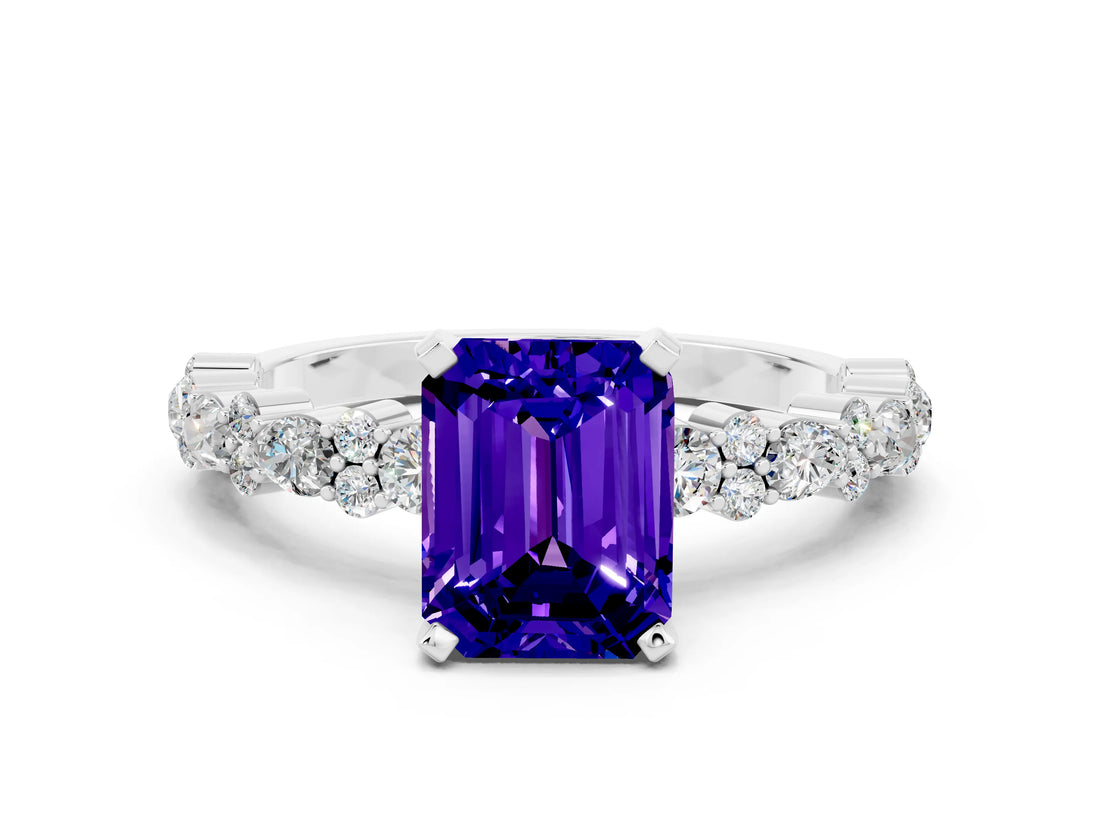 White gold Emerald Cut Tanzanite Solitaire with Side Stones, Pave Band, Four-Prong Setting_48