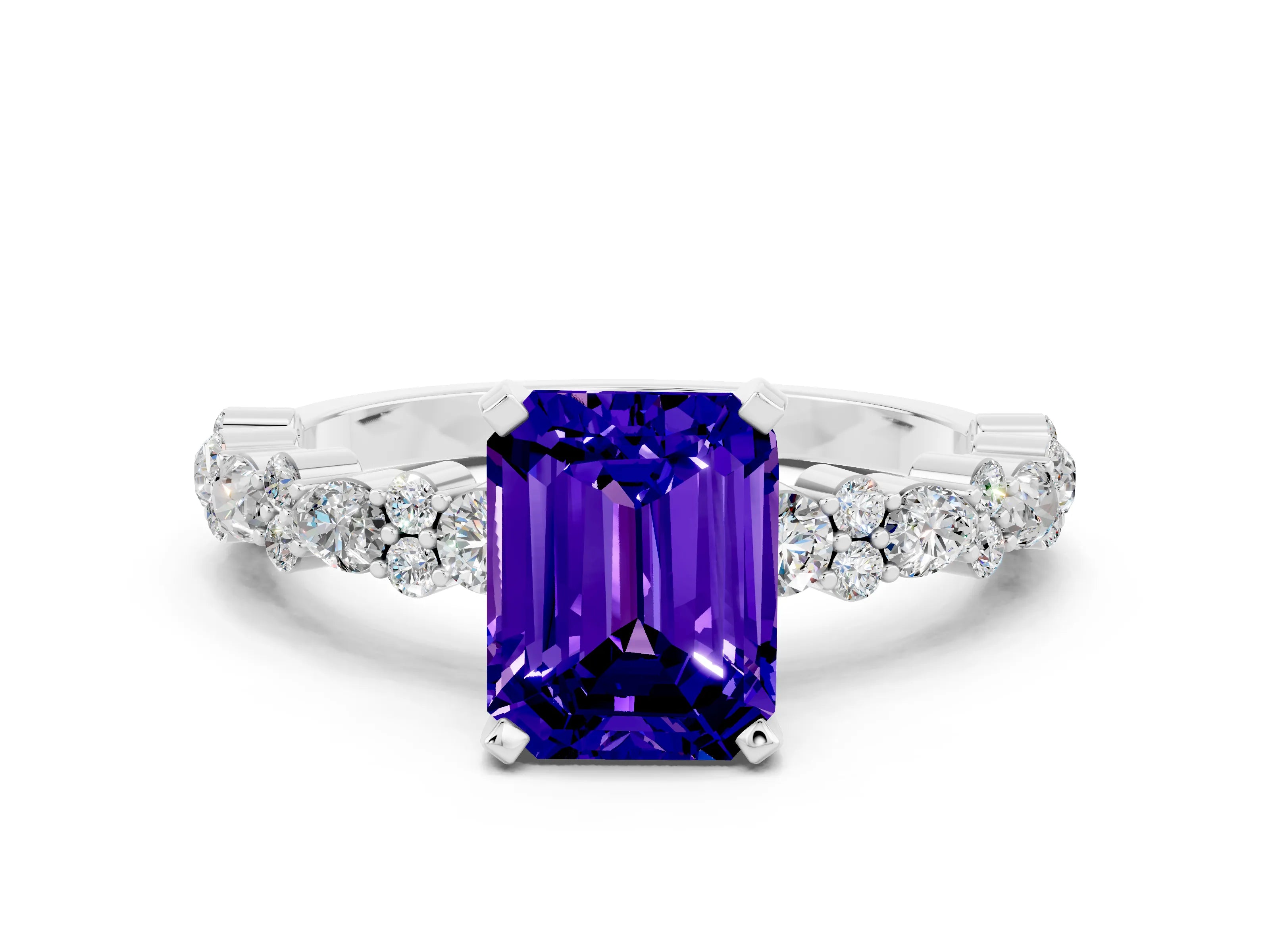 White gold Emerald Cut Tanzanite Solitaire with Side Stones, Pave Band, Four-Prong Setting_48