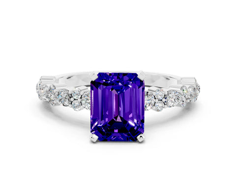 White gold Emerald Cut Tanzanite Solitaire with Side Stones, Pave Band, Four-Prong Setting_48