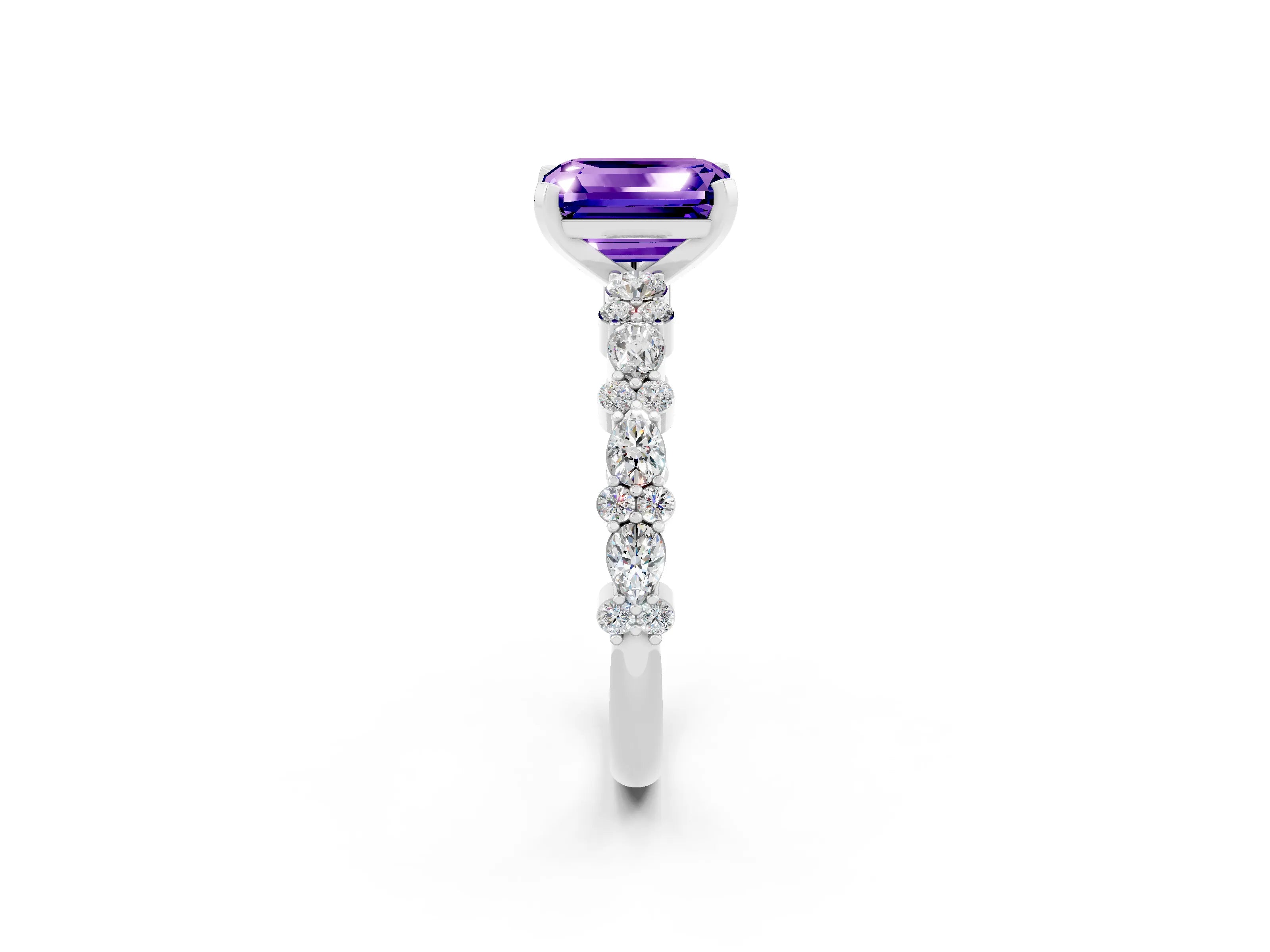 White gold Emerald Cut Tanzanite Solitaire with Side Stones, Pave Band, Four-Prong Setting_50