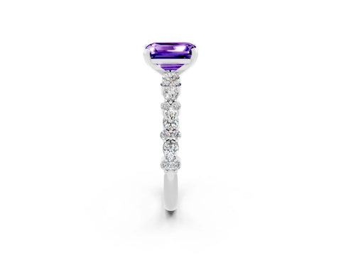 White gold Emerald Cut Tanzanite Solitaire with Side Stones, Pave Band, Four-Prong Setting_50