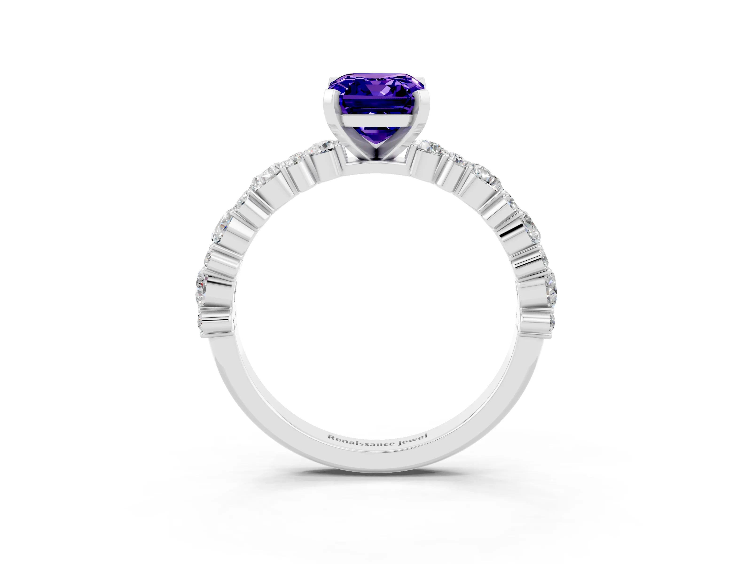 White gold Emerald Cut Tanzanite Solitaire with Side Stones, Pave Band, Four-Prong Setting_51