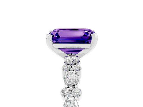 White gold Emerald Cut Tanzanite Solitaire with Side Stones, Pave Band, Four-Prong Setting_53