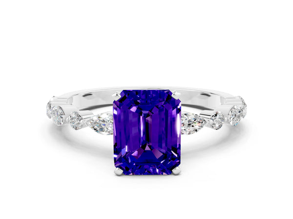 Platinum Emerald Cut Tanzanite Ring with Marquise and Round  Side Stones and Four-Prong Setting