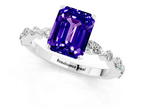 White gold Emerald Cut Tanzanite Solitaire with Side Stones on a Pavé Band and Four-Prong Setting_1
