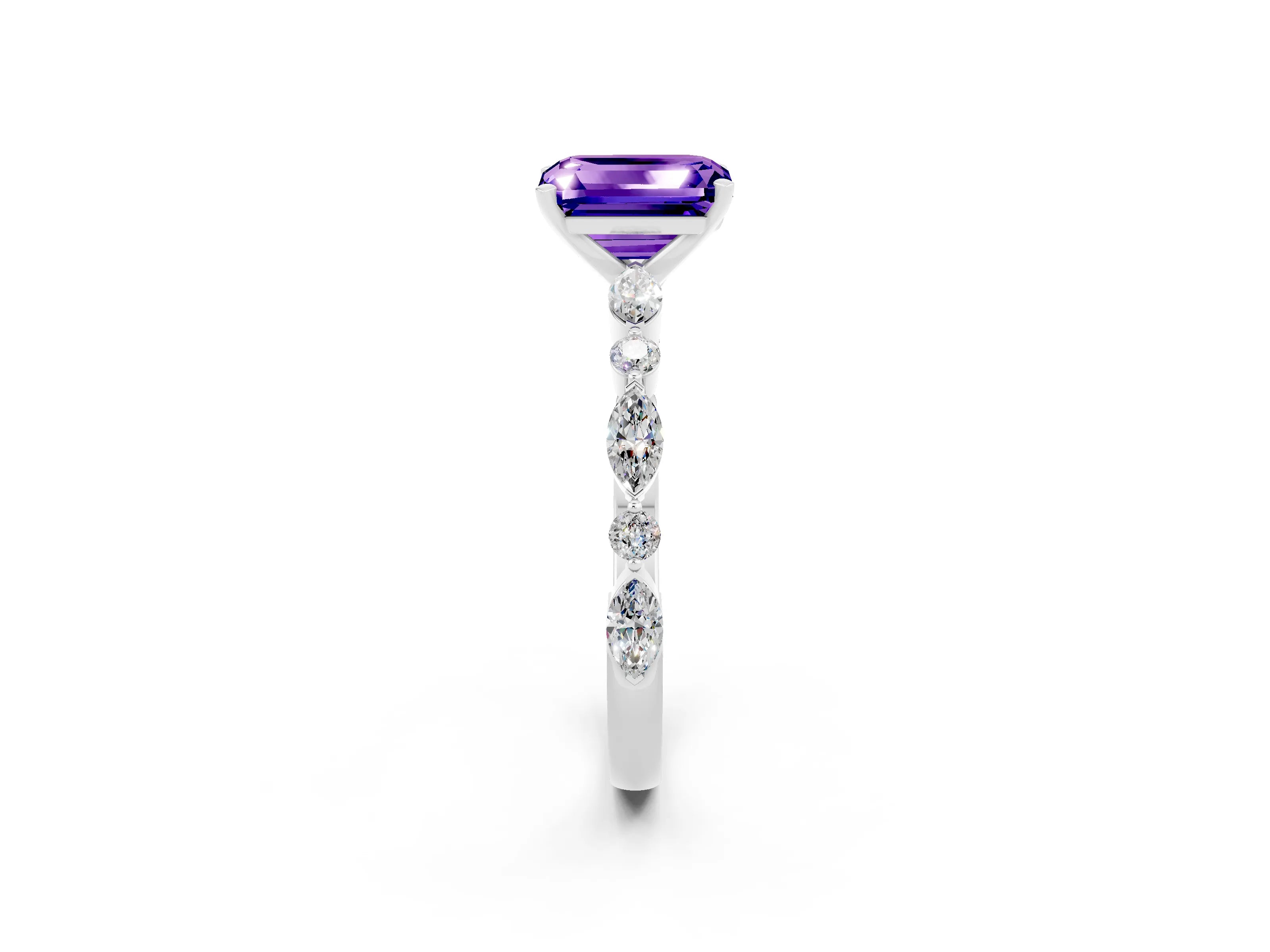 White gold Emerald Cut Tanzanite Solitaire with Side Stones on a Pavé Band and Four-Prong Setting_2