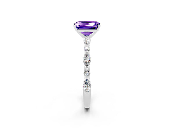 White gold Emerald Cut Tanzanite Ring with Marquise and Round  Side Stones and Four-Prong Setting