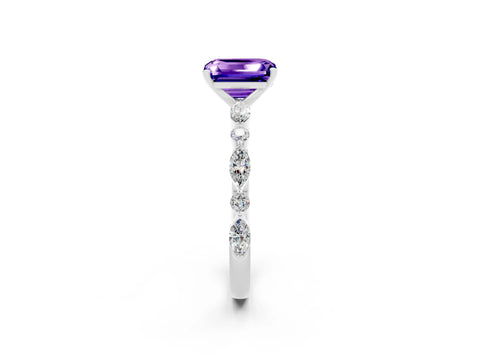 White gold Emerald Cut Tanzanite Solitaire with Side Stones on a Pavé Band and Four-Prong Setting_2