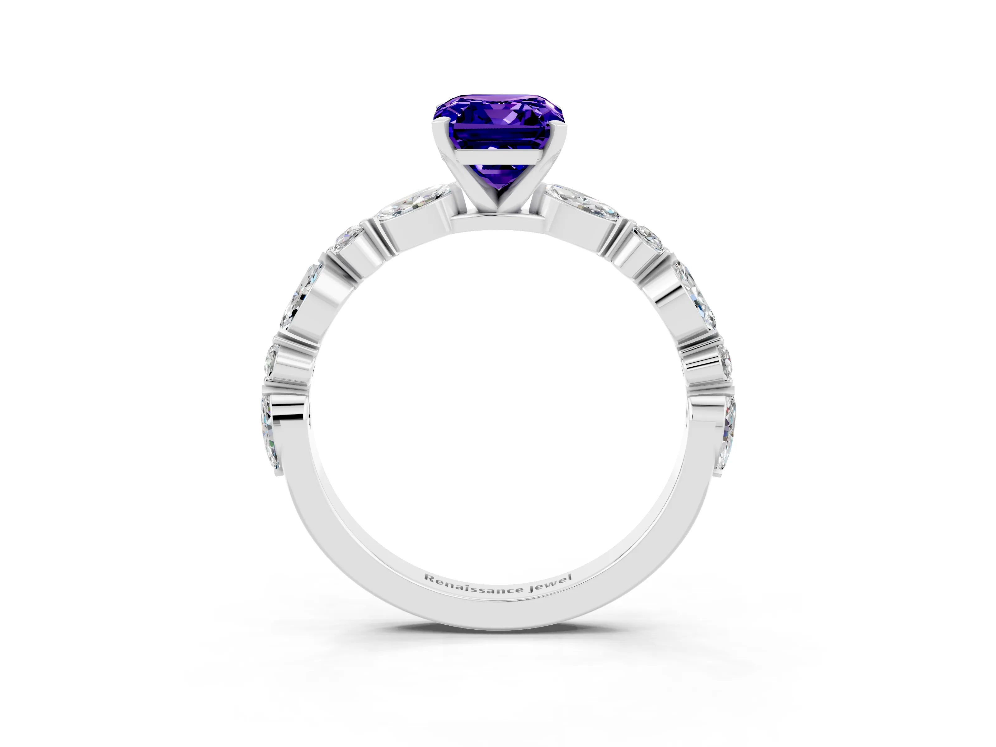 White gold Emerald Cut Tanzanite Solitaire with Side Stones on a Pavé Band and Four-Prong Setting_3