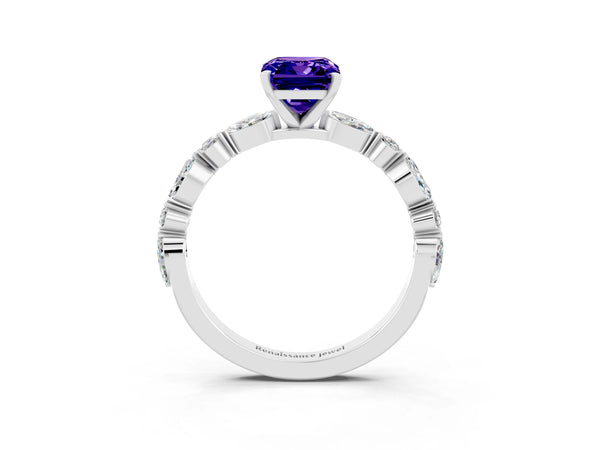 White gold Emerald Cut Tanzanite Ring with Marquise and Round  Side Stones and Four-Prong Setting