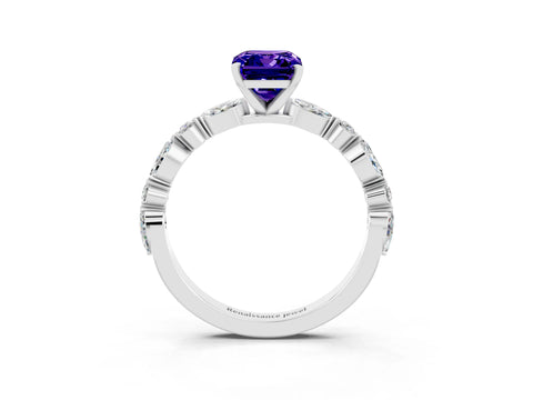 White gold Emerald Cut Tanzanite Solitaire with Side Stones on a Pavé Band and Four-Prong Setting_3