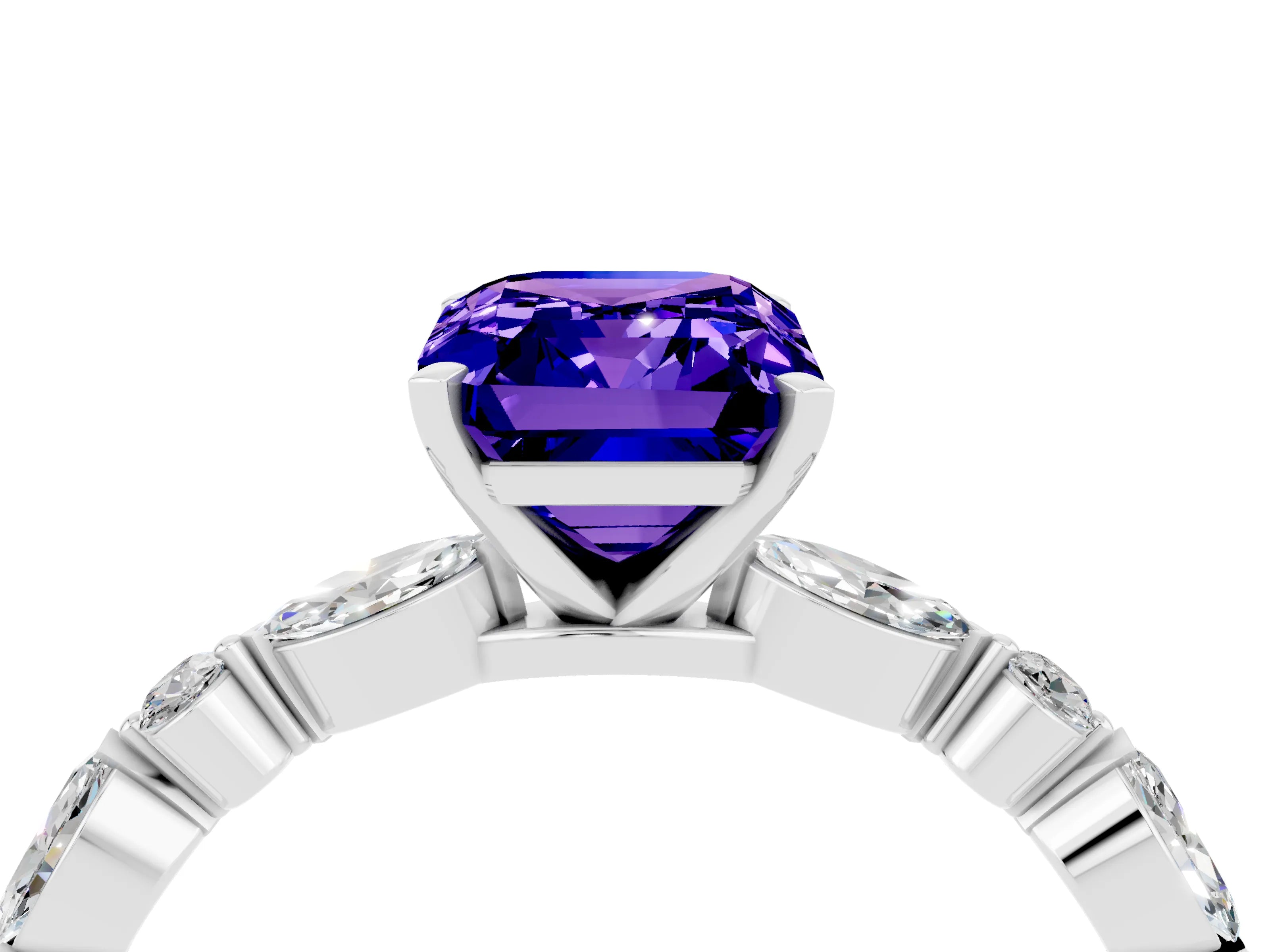White gold Emerald Cut Tanzanite Solitaire with Side Stones on a Pavé Band and Four-Prong Setting_4