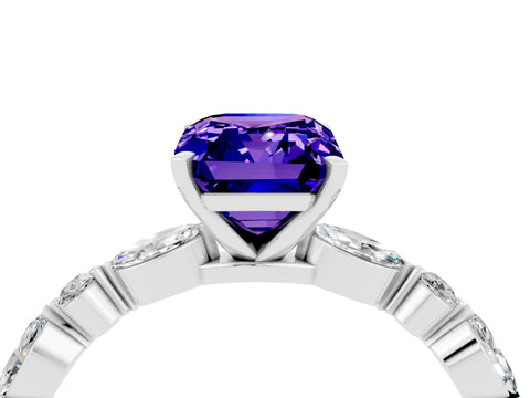 White gold Emerald Cut Tanzanite Solitaire with Side Stones on a Pavé Band and Four-Prong Setting_4