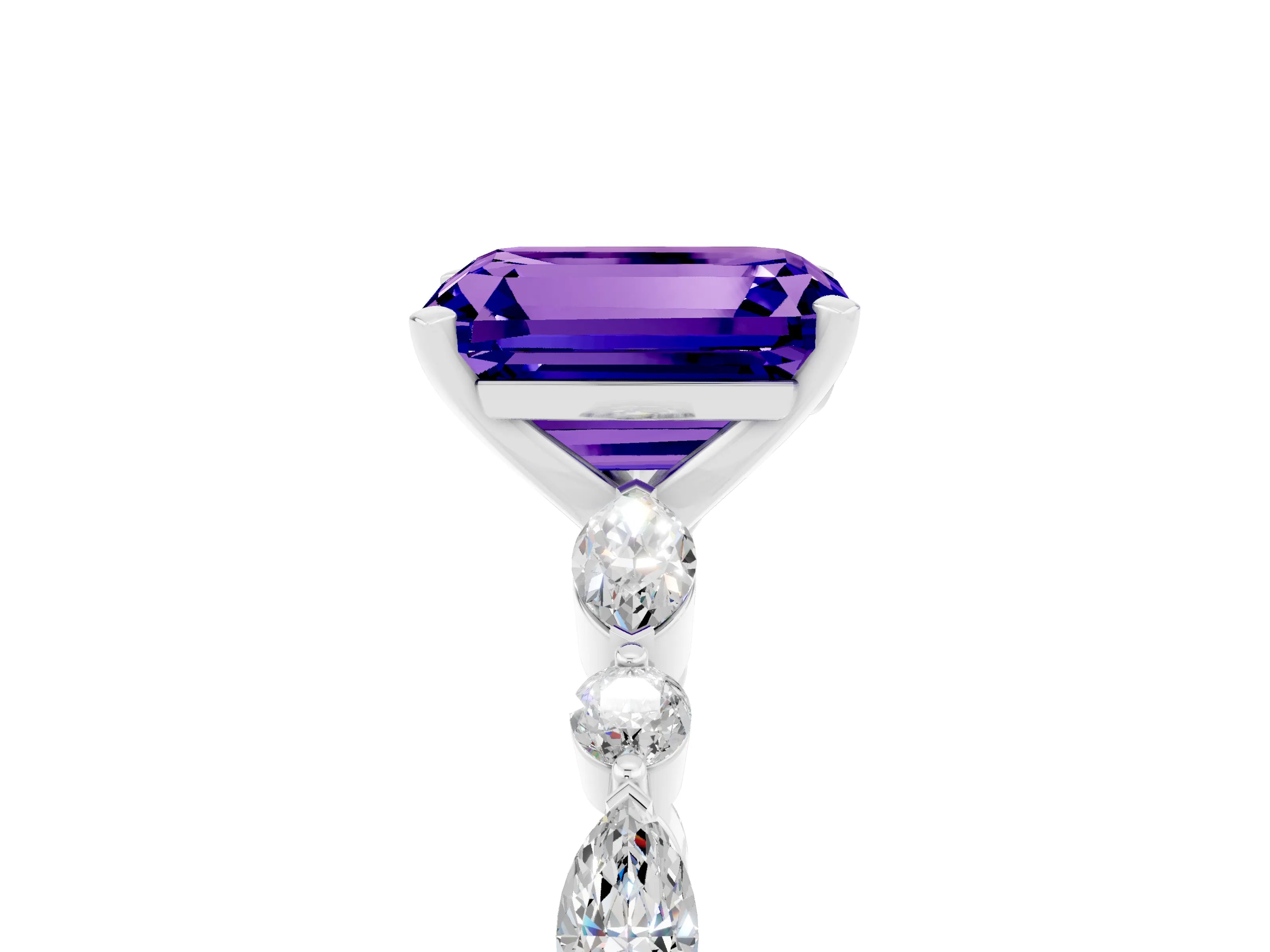 White gold Emerald Cut Tanzanite Solitaire with Side Stones on a Pavé Band and Four-Prong Setting_5