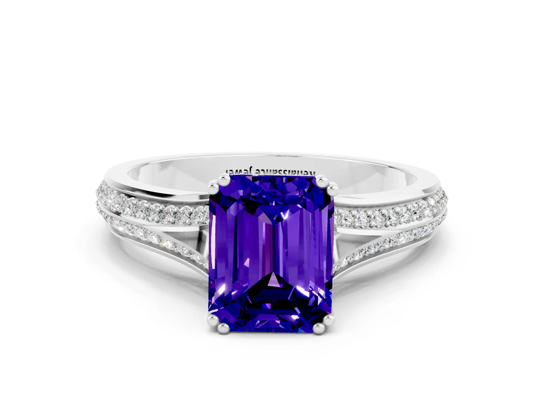 White gold Emerald Cut Tanzanite Split Shank Engagement Ring with Pavé Band