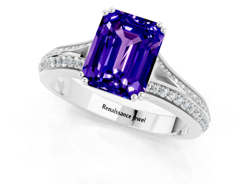 White gold Emerald Cut Tanzanite Split Shank Engagement Ring with Pavé Band_1