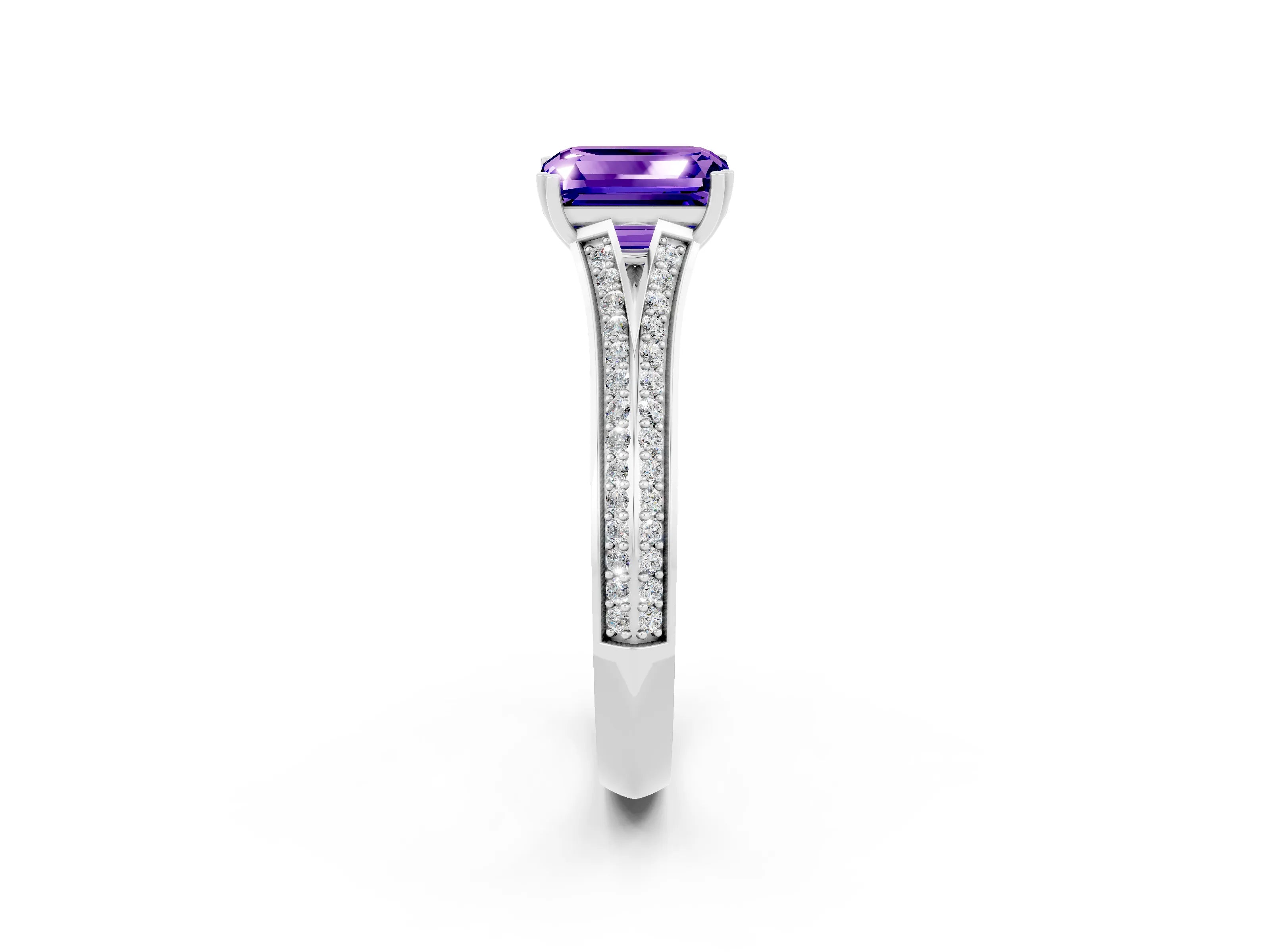 White gold Emerald Cut Tanzanite Split Shank Engagement Ring with Pavé Band_2