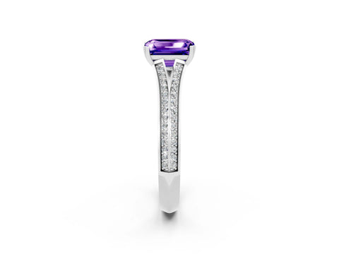 White gold Emerald Cut Tanzanite Split Shank Engagement Ring with Pavé Band_2