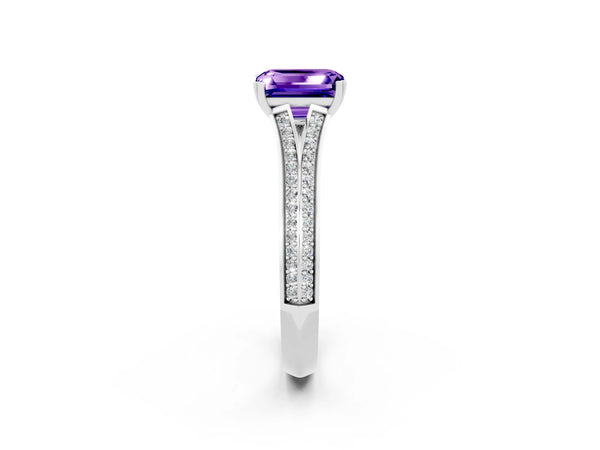 White gold Emerald Cut Tanzanite Split Shank Engagement Ring with Pavé Band