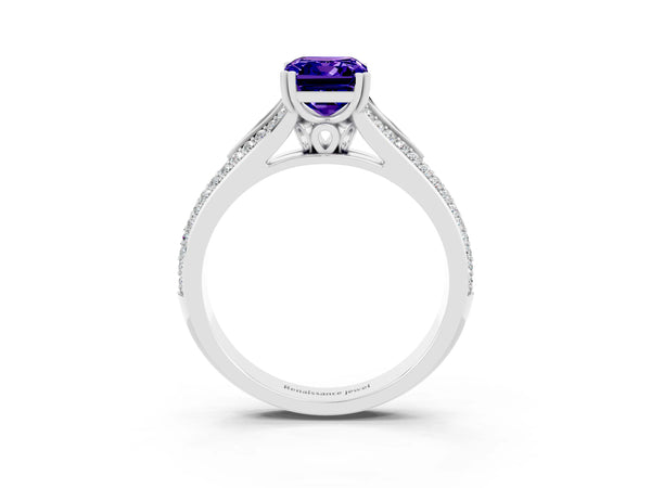 Platinum Emerald Cut Tanzanite Split Shank Engagement Ring with Pavé Band