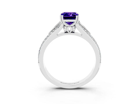 White gold Emerald Cut Tanzanite Split Shank Engagement Ring with Pavé Band_3
