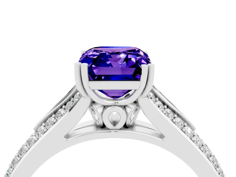 White gold Emerald Cut Tanzanite Split Shank Engagement Ring with Pavé Band_4
