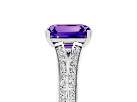 White gold Emerald Cut Tanzanite Split Shank Engagement Ring with Pavé Band_5