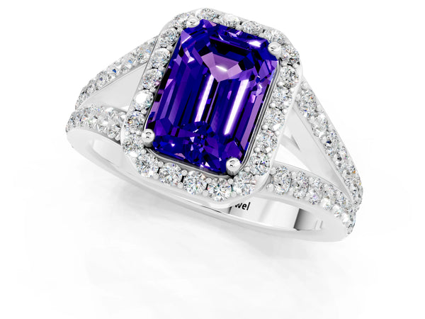 Silver Emerald Cut Tanzanite Split Shank Halo Ring with Four-Prong Setting