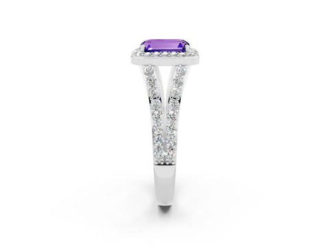 White gold Emerald Cut Tanzanite Split Shank Halo Ring with Four-Prong Setting_14