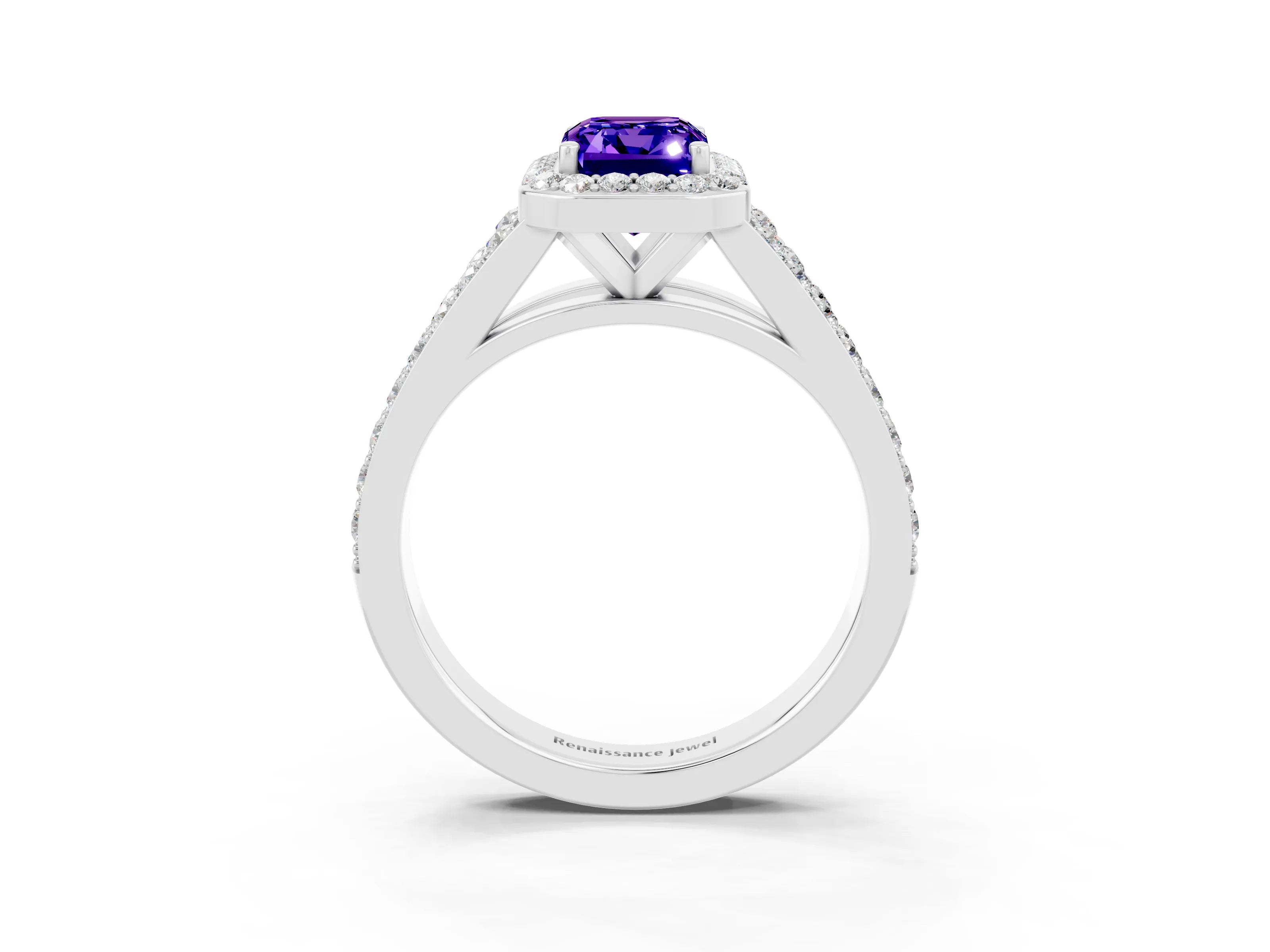 White gold Emerald Cut Tanzanite Split Shank Halo Ring with Four-Prong Setting_15