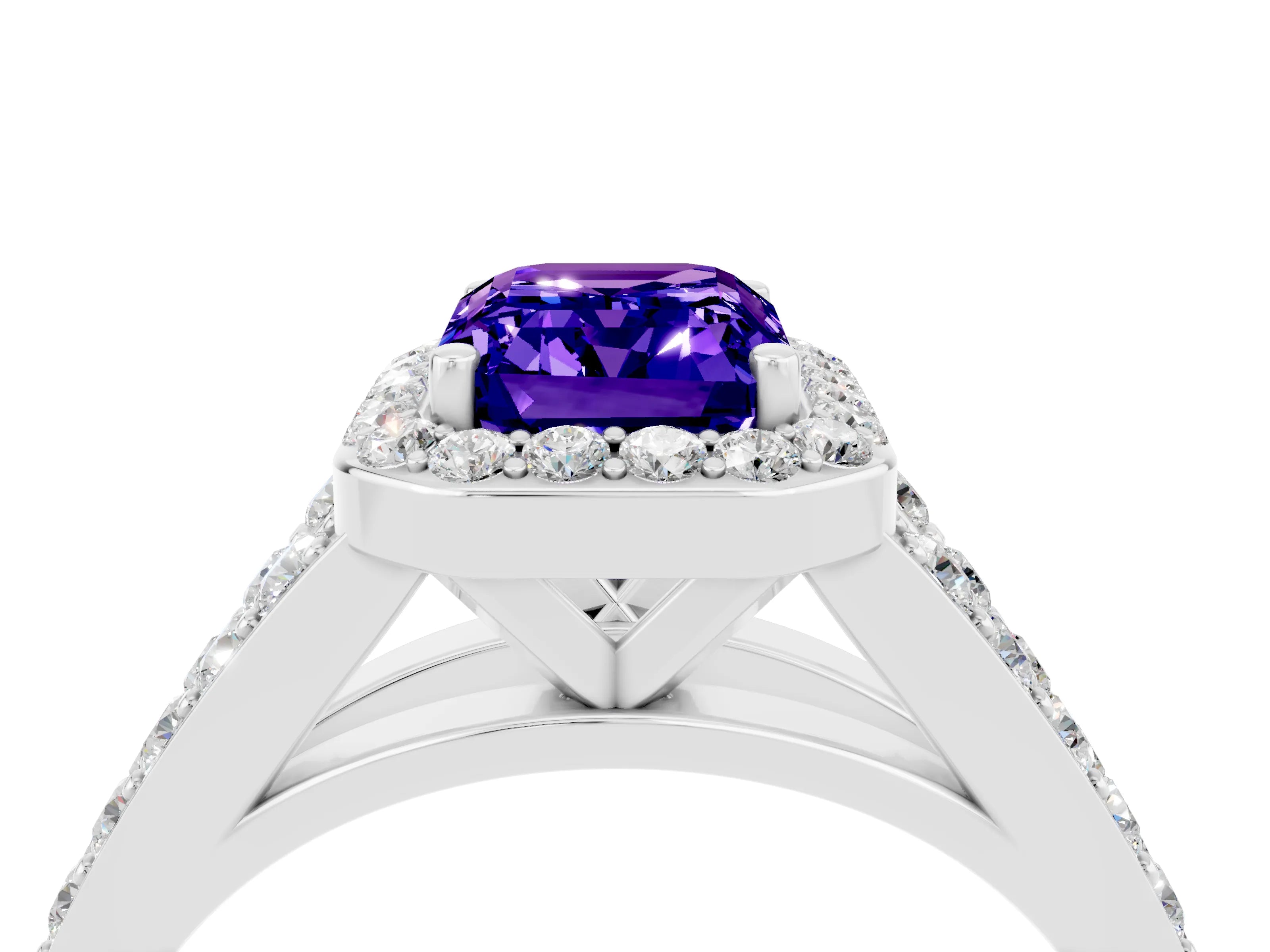 White gold Emerald Cut Tanzanite Split Shank Halo Ring with Four-Prong Setting_16