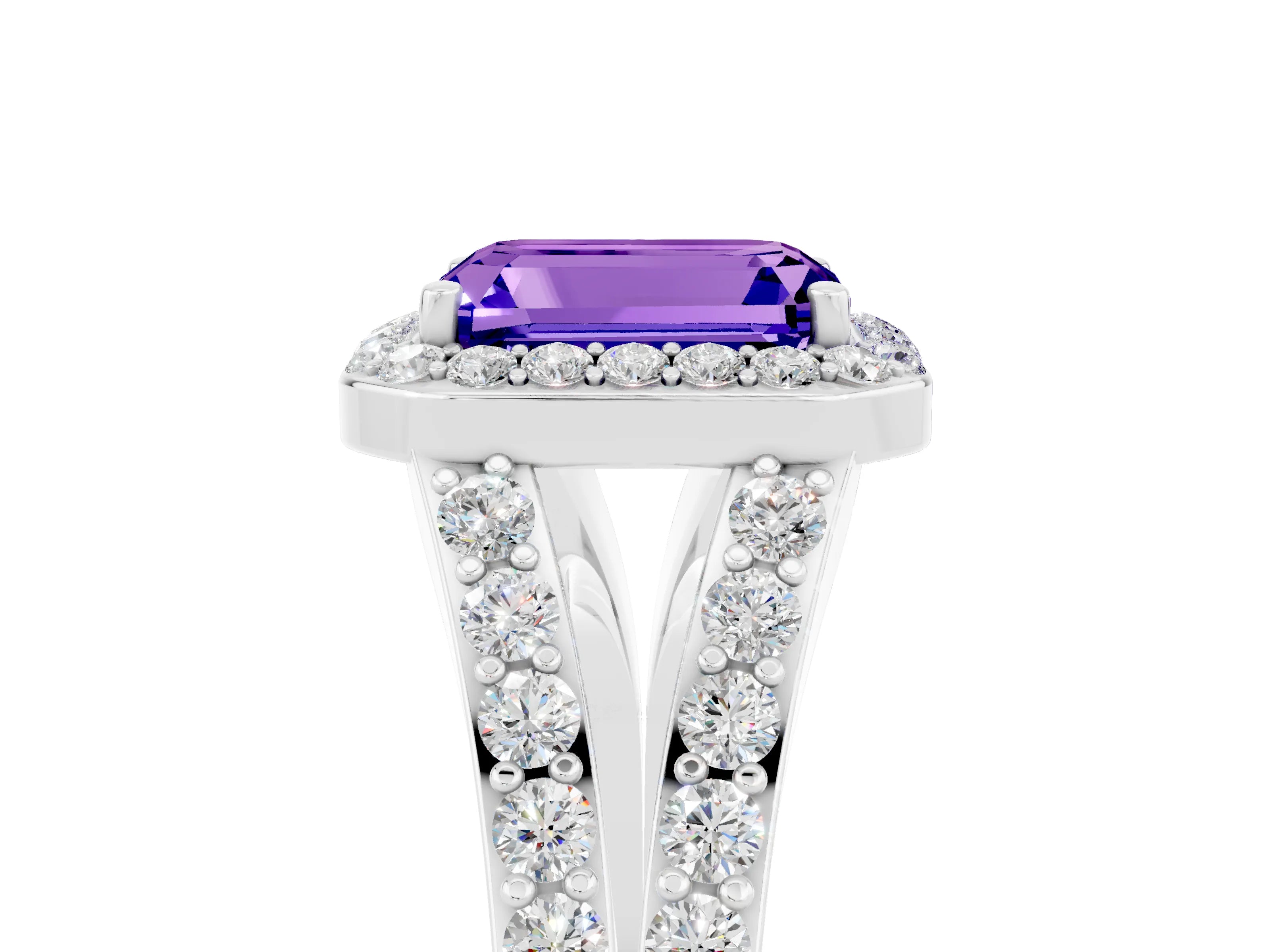 White gold Emerald Cut Tanzanite Split Shank Halo Ring with Four-Prong Setting_17