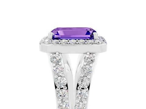 White gold Emerald Cut Tanzanite Split Shank Halo Ring with Four-Prong Setting_17