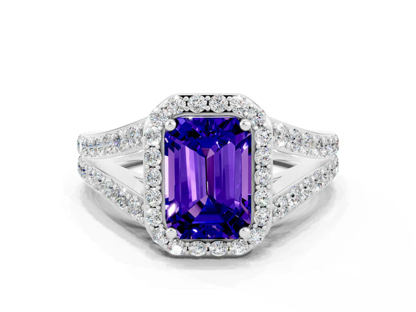 White gold Emerald Cut Tanzanite Split Shank Halo Ring with Four-Prong Setting