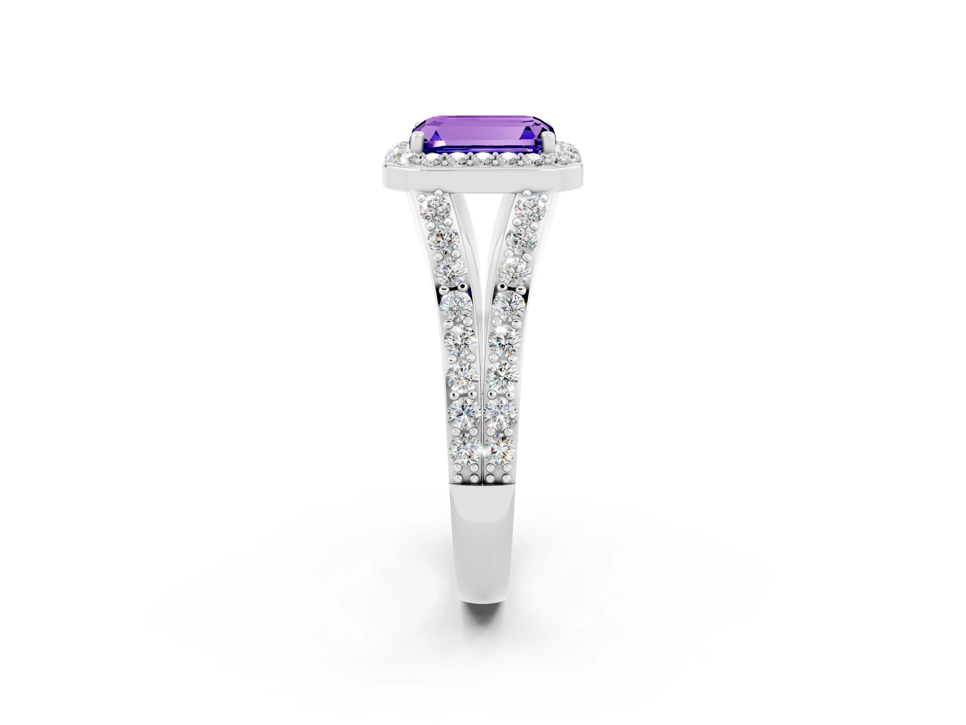 White gold Emerald Cut Tanzanite Split Shank Halo Ring with Four-Prong Setting_26