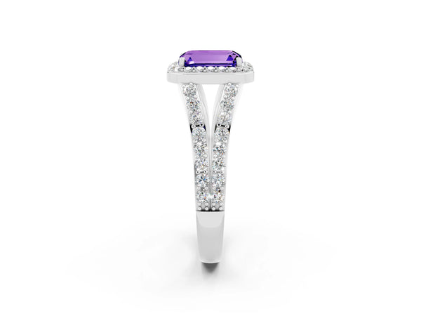 White gold Emerald Cut Tanzanite Split Shank Halo Ring with Four-Prong Setting